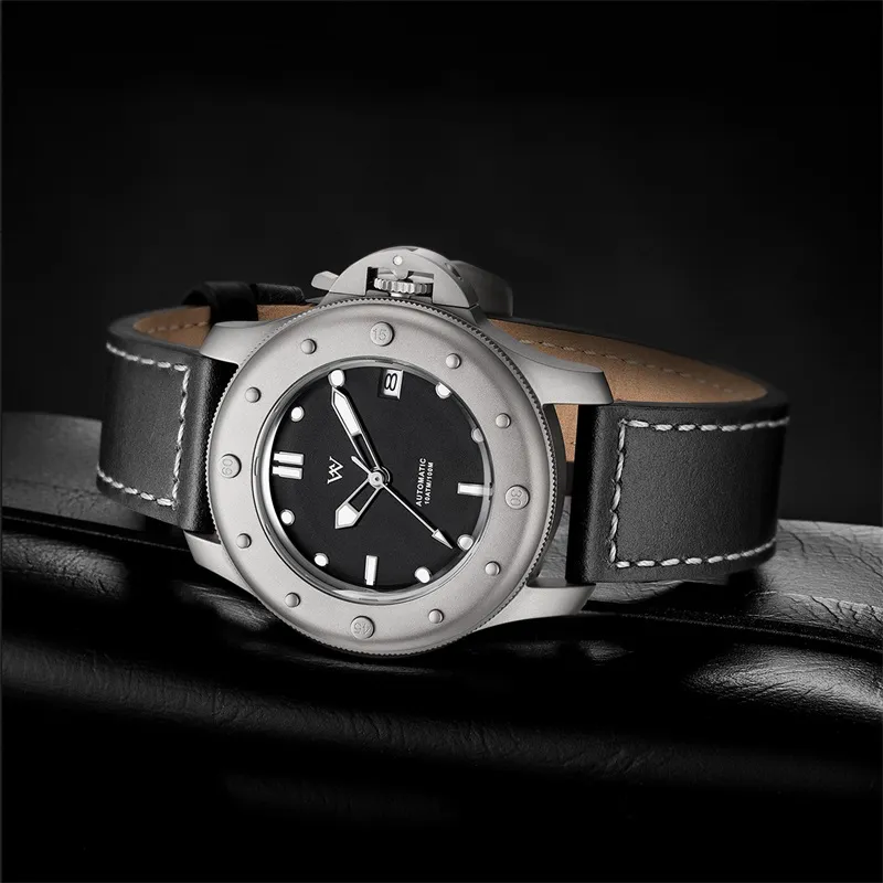 Welly Merck Automatic Mechanical Movement Leather Watch Bands Men's Watches Black Dial-3