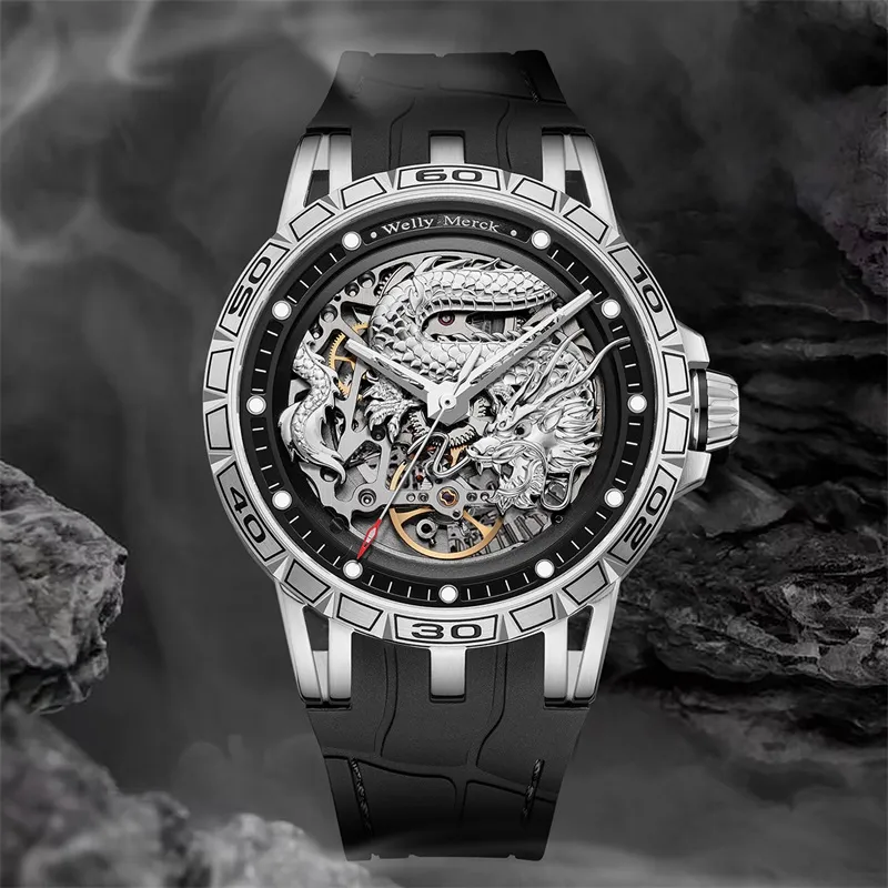 Welly Merck Dragon Series Automatic Mechanical Movement Rubber Strap Watch Men's Watches Silver Dial-2