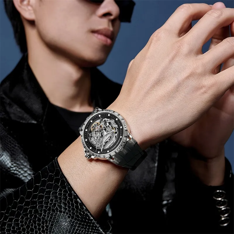 Welly Merck Dragon Series Automatic Mechanical Movement Rubber Strap Watch Men's Watches Silver Dial-3
