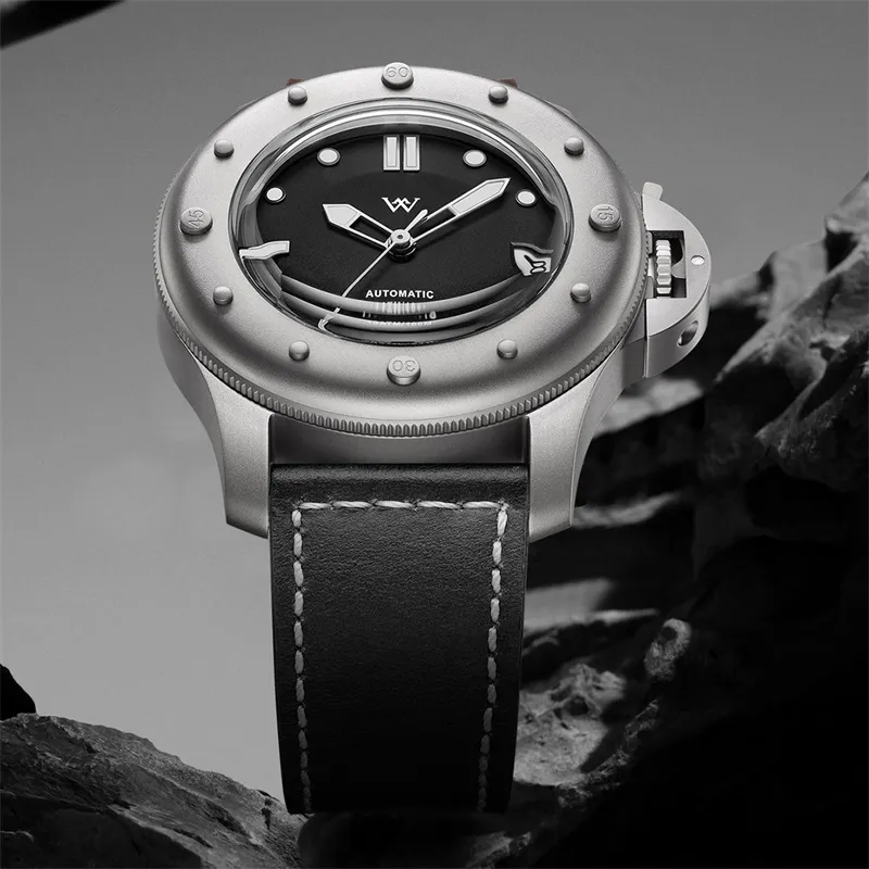 Welly Merck Automatic Mechanical Movement Leather Watch Bands Men's Watches Black Dial-1