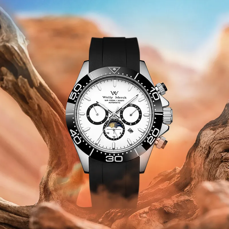 Welly Merck Automatic Mechanical Movement Rubber Strap Watch Men's Watches Black Dial-10