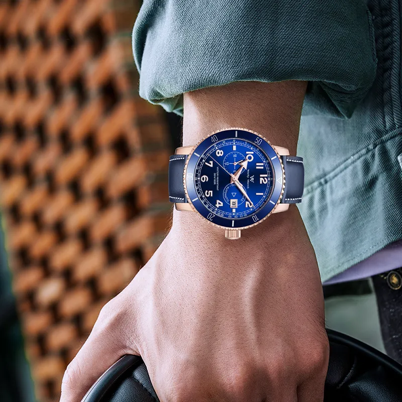 Welly Merck Automatic Mechanical Movement Leather Strap Watch Men's Watches Blue Dial WM147M-7