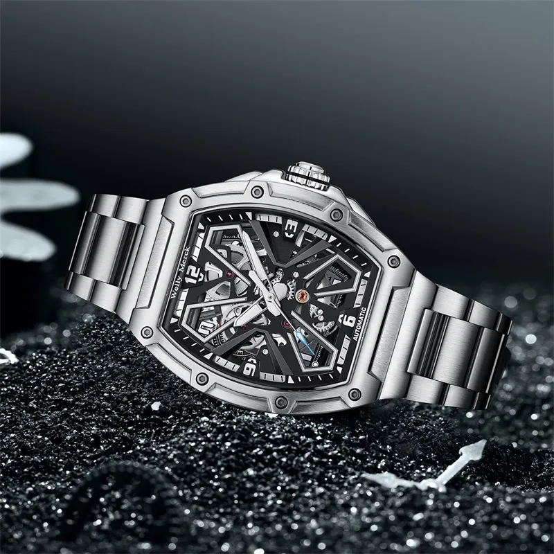 Welly Merck Automatic Mechanical Movement Steel Strap Watch Men's Watches Cut Out Dial-2