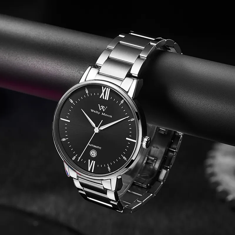Welly Merck Automatic Mechanical Movement Men's Watches Wrist Watches Black Dial Stainless Steel Watchband-1