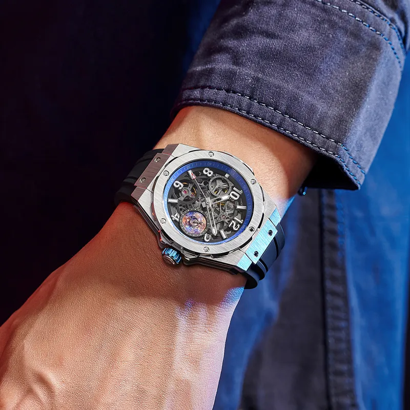 Welly Merck Automatic Mechanical Movement Silicone Strap Watch Men's Watches Cut Out Dial-8