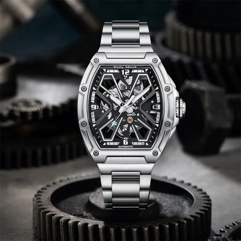 Welly Merck Automatic Mechanical Movement Steel Strap Watch Men's Watches Cut Out Dial-1