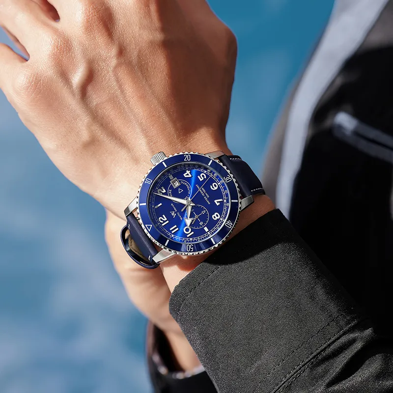 Welly Merck Automatic Mechanical Movement Leather Strap Watch Men's Watches Blue Dial WM147M-4