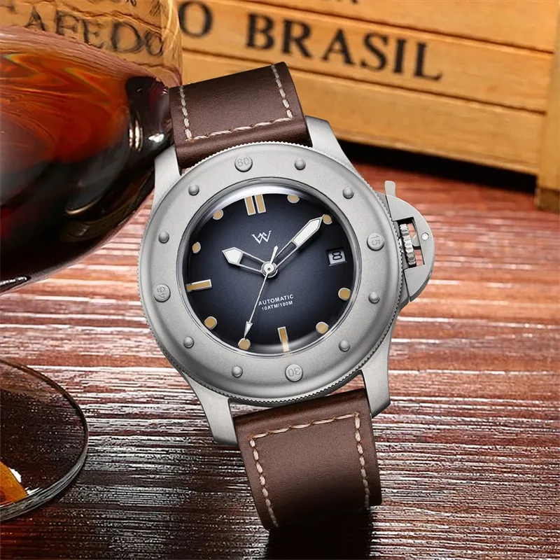 Welly Merck Automatic Mechanical Movement Leather Watch Bands Men's Watches Black Dial-10