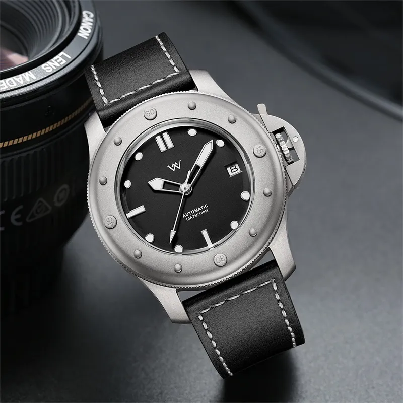 Welly Merck Automatic Mechanical Movement Leather Watch Bands Men's Watches Black Dial-4