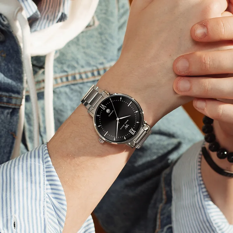 Welly Merck Automatic Mechanical Movement Men's Watches Wrist Watches Black Dial Stainless Steel Watchband-4