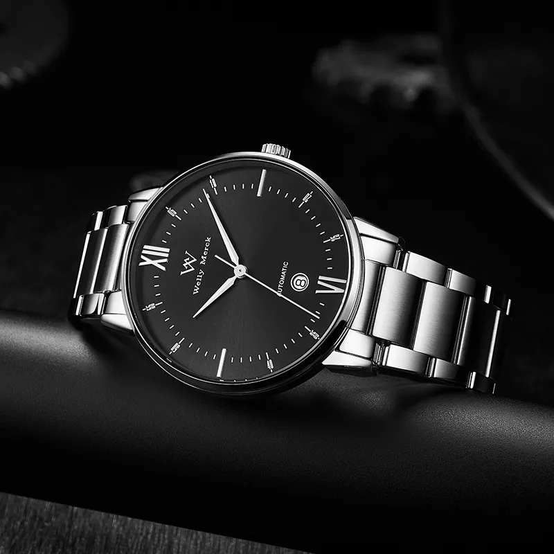 Welly Merck Automatic Mechanical Movement Men's Watches Wrist Watches Black Dial Stainless Steel Watchband-2