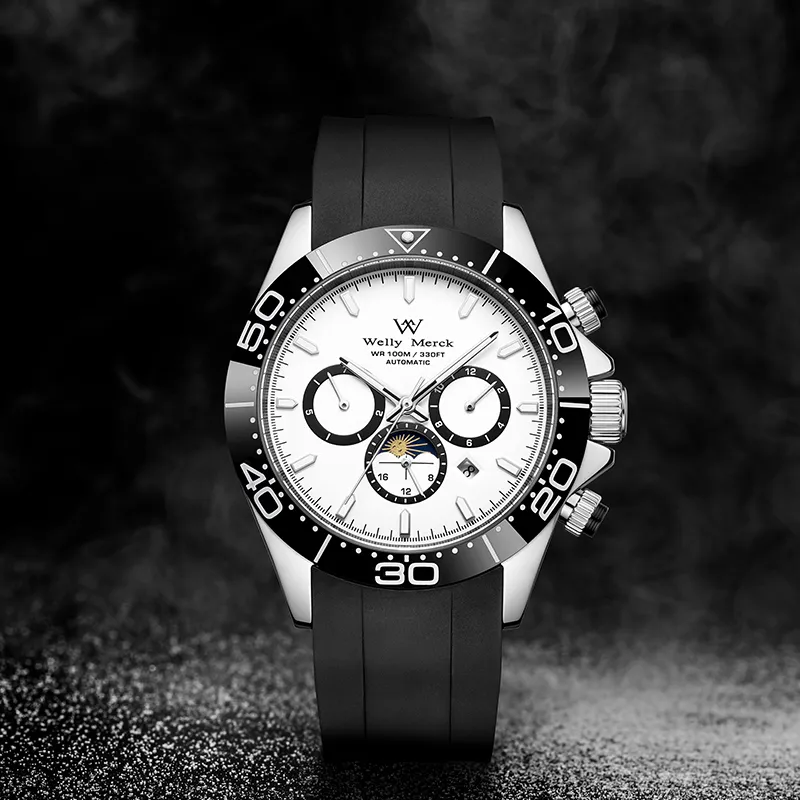Welly Merck Automatic Mechanical Movement Rubber Strap Watch Men's Watches Black Dial-7