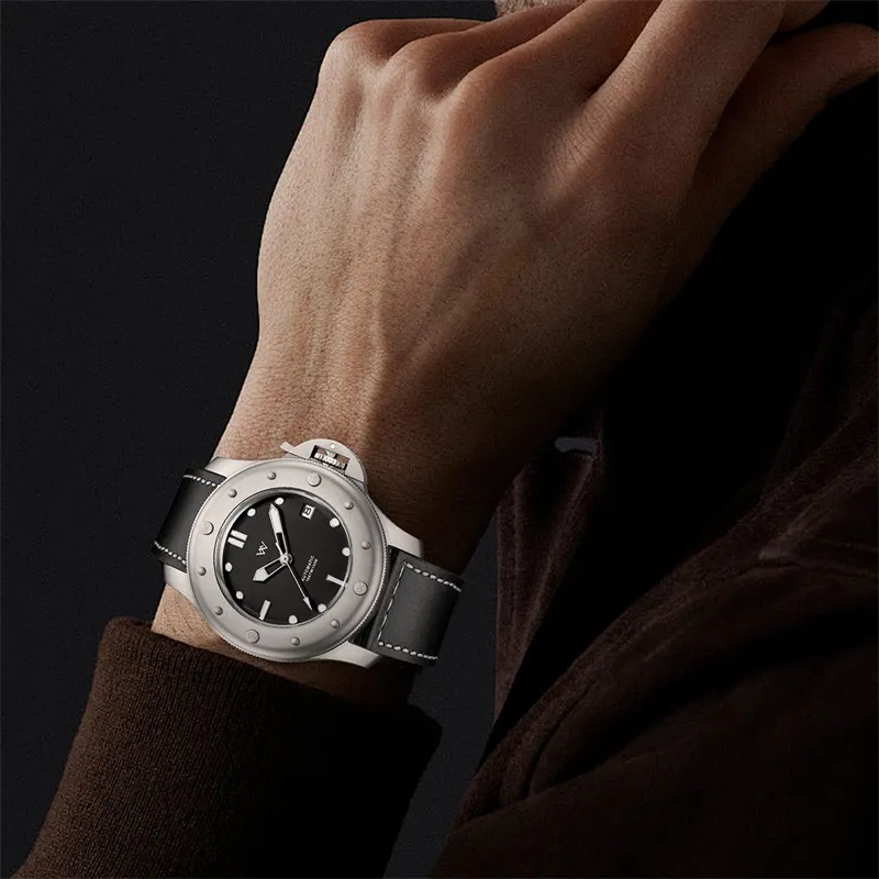 Welly Merck Automatic Mechanical Movement Leather Watch Bands Men's Watches Black Dial-5