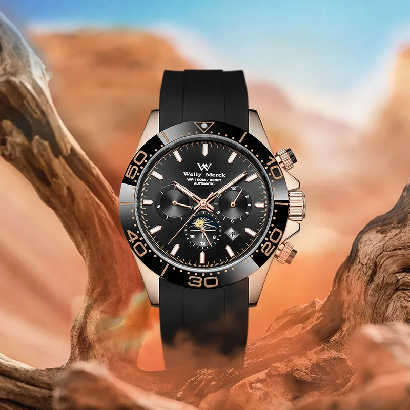 Welly Merck Automatic Mechanical Movement Rubber Strap Watch Men's Watches Black Dial-1