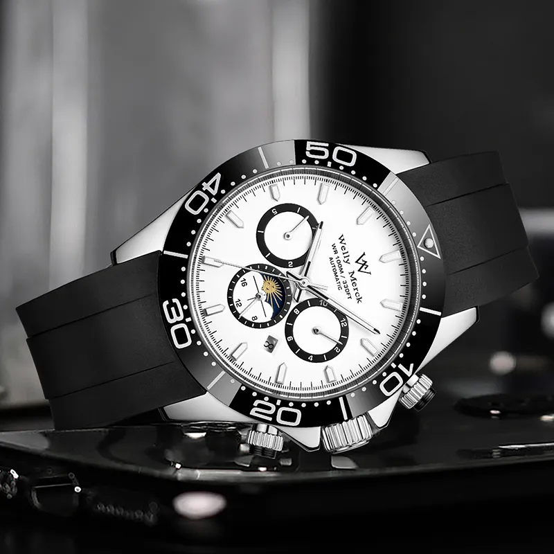 Welly Merck Automatic Mechanical Movement Rubber Strap Watch Men's Watches Black Dial-8