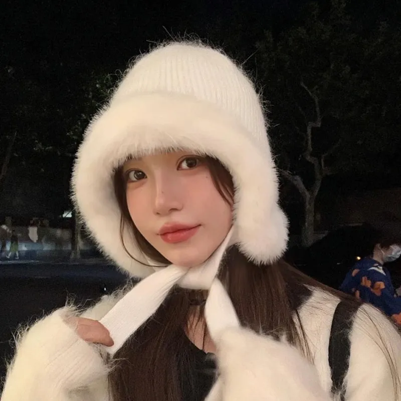 MUSTKOO Rabbit Fur Knitted Fabric Beanies Women's-1