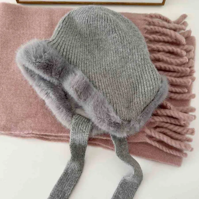 MUSTKOO Rabbit Fur Knitted Fabric Beanies Women's-5
