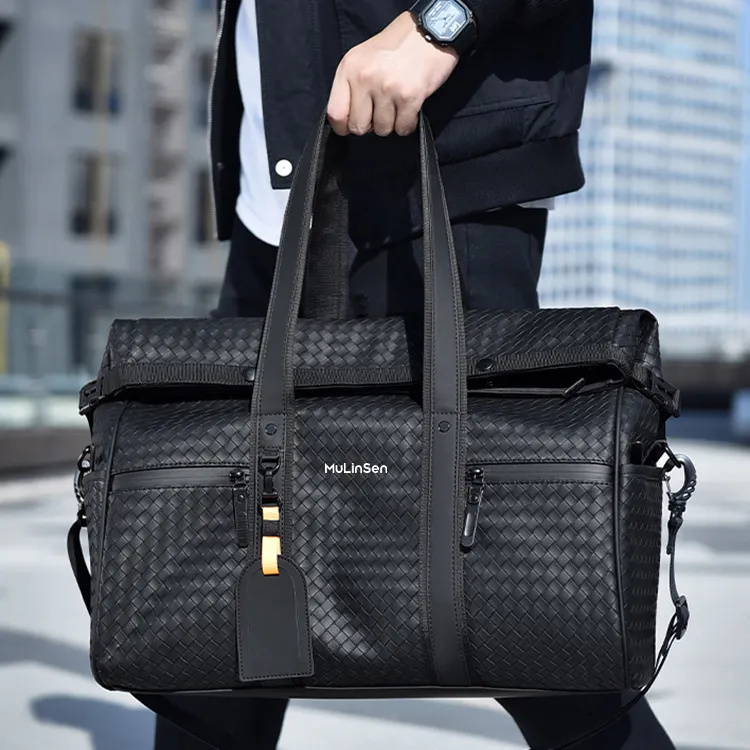 Mulinsen PU Travel Bag Unisex Classic Black/Stylish Gray/Woven Pattern Black-6