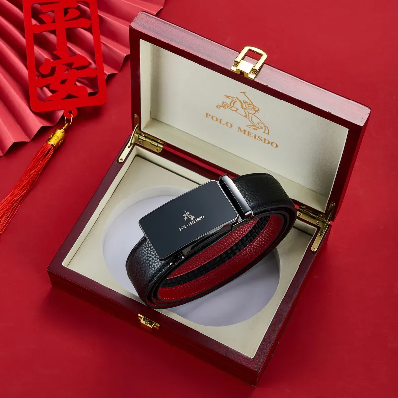 POLOMEISDO Premium High End Luxury Brand Genuine Leather Belt Red Belt Practical Box Men's 3.5cm-1