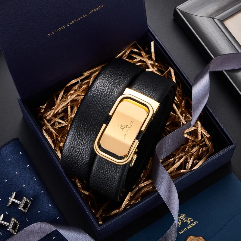 POLOMEISDO Top Grain Cow Leather With Litchi Grain Texture Belt Box Men's Width 3.5CM-3