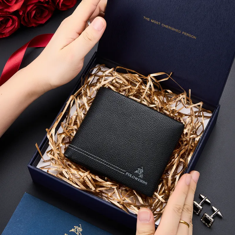 POLOMEISDO Top Grain Soft Cow Leather Large Capacity Men's Wallet Regular Men's Black-6