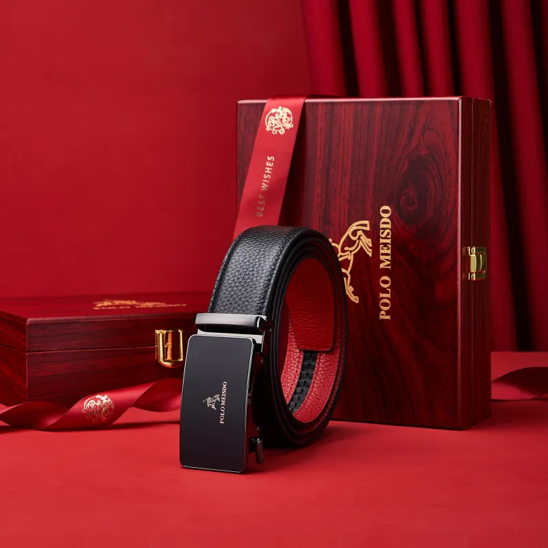 POLOMEISDO Premium High End Luxury Brand Genuine Leather Belt Red Belt Practical Box Men's 3.5cm-4