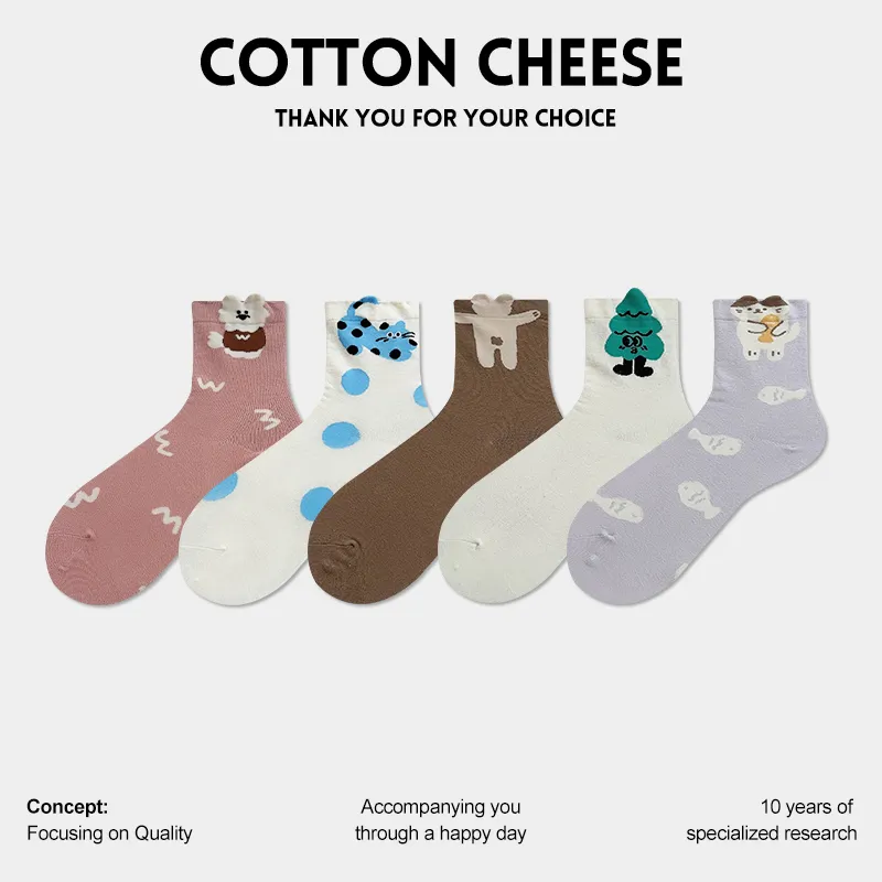 COTTON CHEESE Mid Calf Socks Women's 5 Pack-2