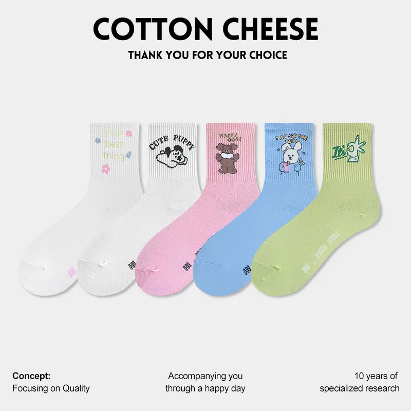 COTTON CHEESE Mid Calf Socks Women's 5 Pack-2