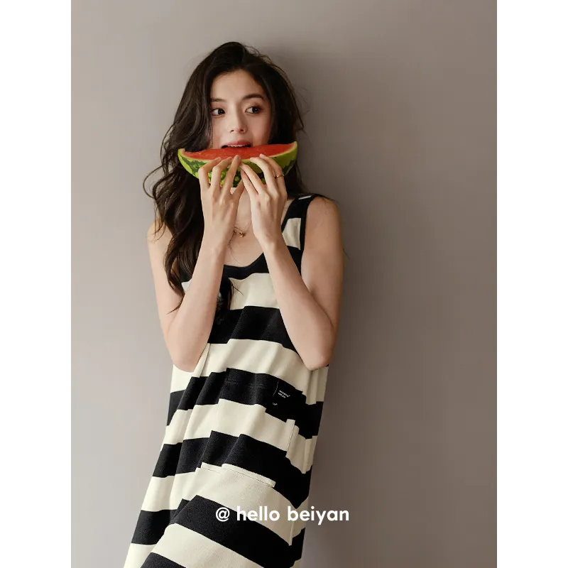 Beiyan Nightgown Women's Black White Stripes-2