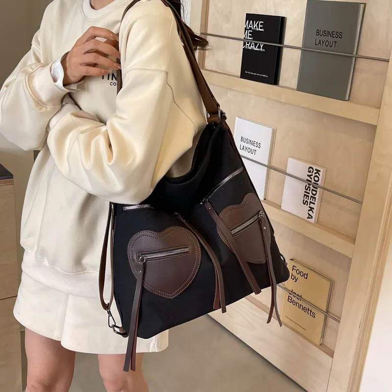 CORE BIRD Fabric Shoulder Bag Women's Ecru/Black/Khaki-9
