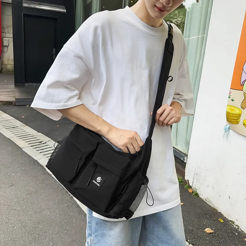 CORE BIRD Nylon Messenger Bag, Shoulder Bag, Crossbody Bag Unisex Ecru/Green/Black-8