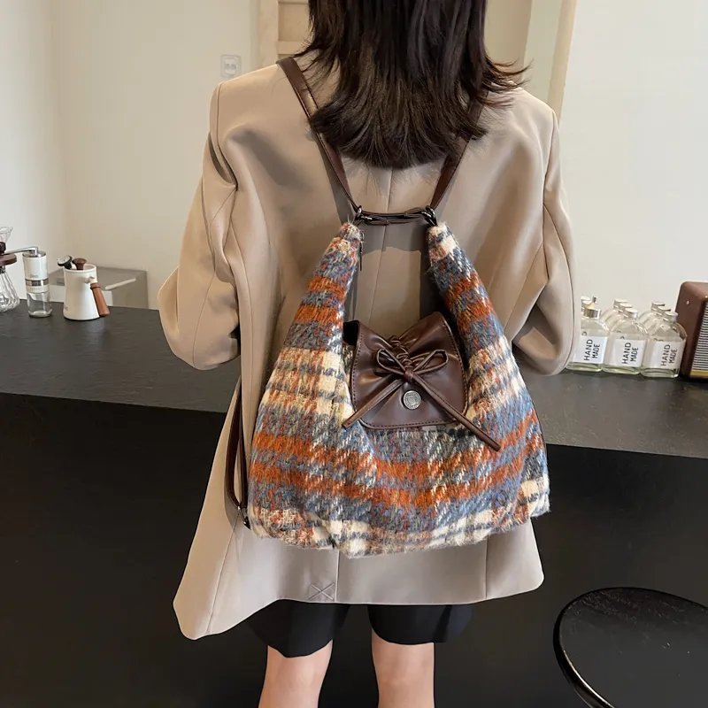 CORE BIRD Woolen Portable Double-Shoulder Shoulder Bag Women's Blue Plaid/Green Plaid/Dark Blue Plaid-14