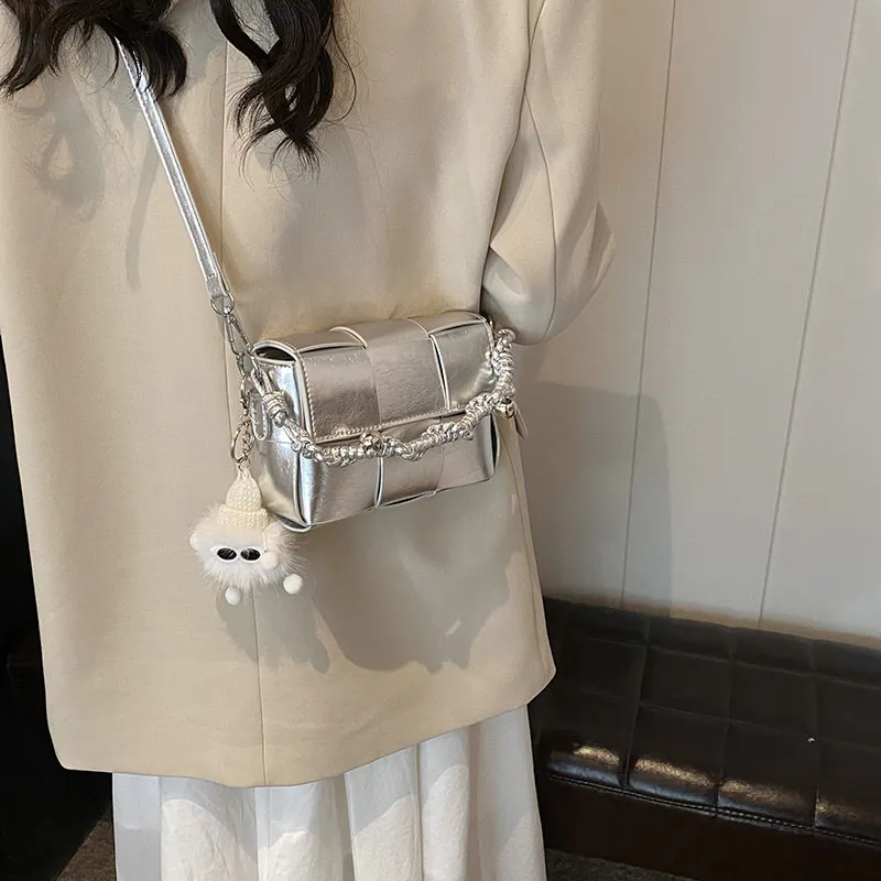 CORE BIRD PU Shoulder Bag Small Size Women's Light Gray/Silver-3