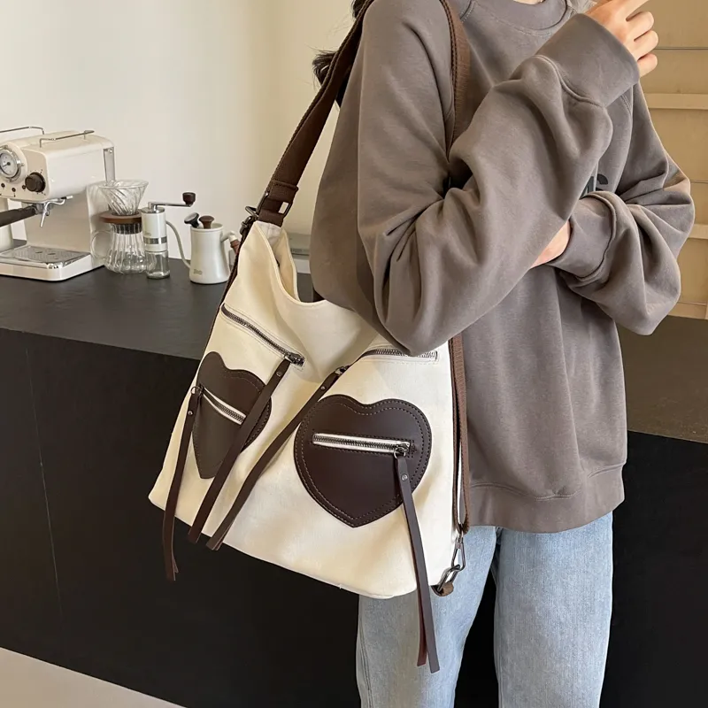 CORE BIRD Fabric Shoulder Bag Women's Ecru/Black/Khaki-1