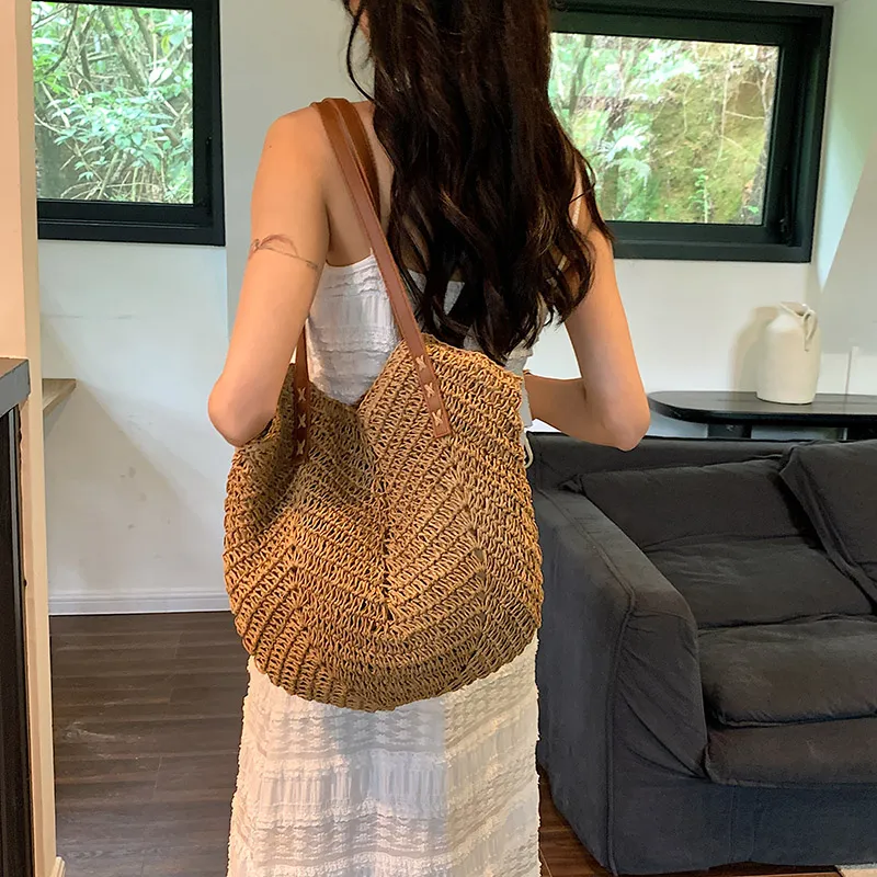 CORE BIRD Straw Woven Shoulder Bag Women's Khaki/Beige-9