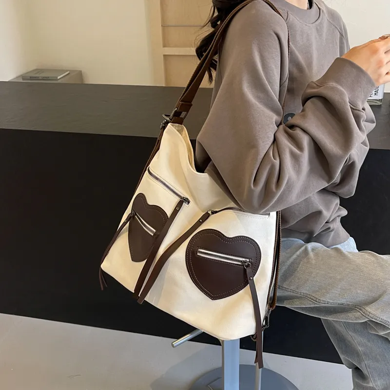 CORE BIRD Fabric Shoulder Bag Women's Ecru/Black/Khaki-4