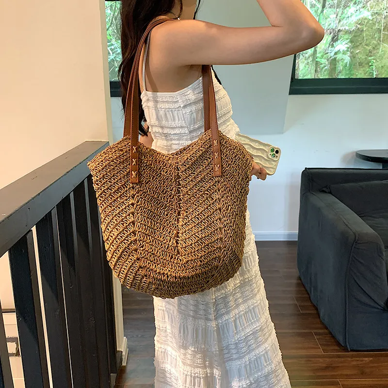 CORE BIRD Straw Woven Shoulder Bag Women's Khaki/Beige-8