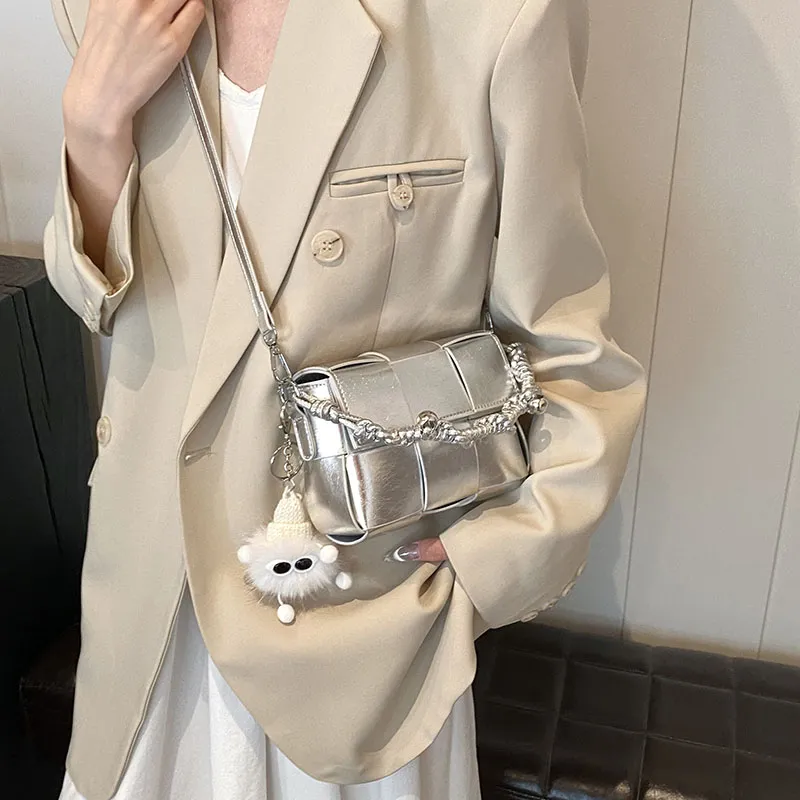CORE BIRD PU Shoulder Bag Small Size Women's Light Gray/Silver-2