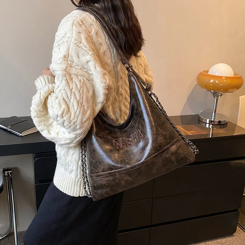 CORE BIRD PU Shoulder Bag Medium Size Women's Black/Coffee-3