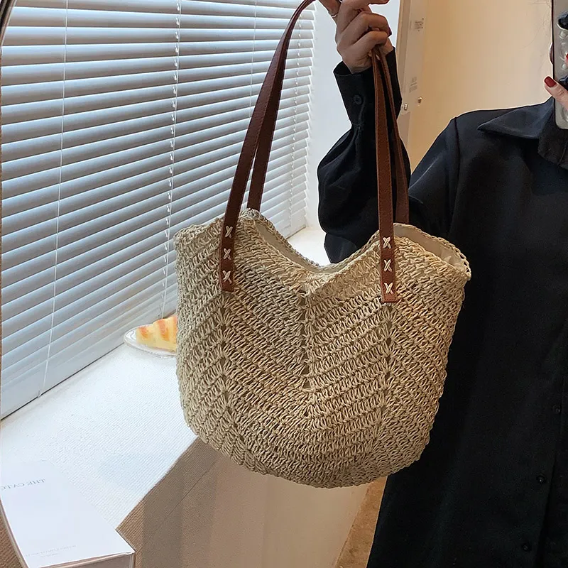 CORE BIRD Straw Woven Shoulder Bag Women's Khaki/Beige-2