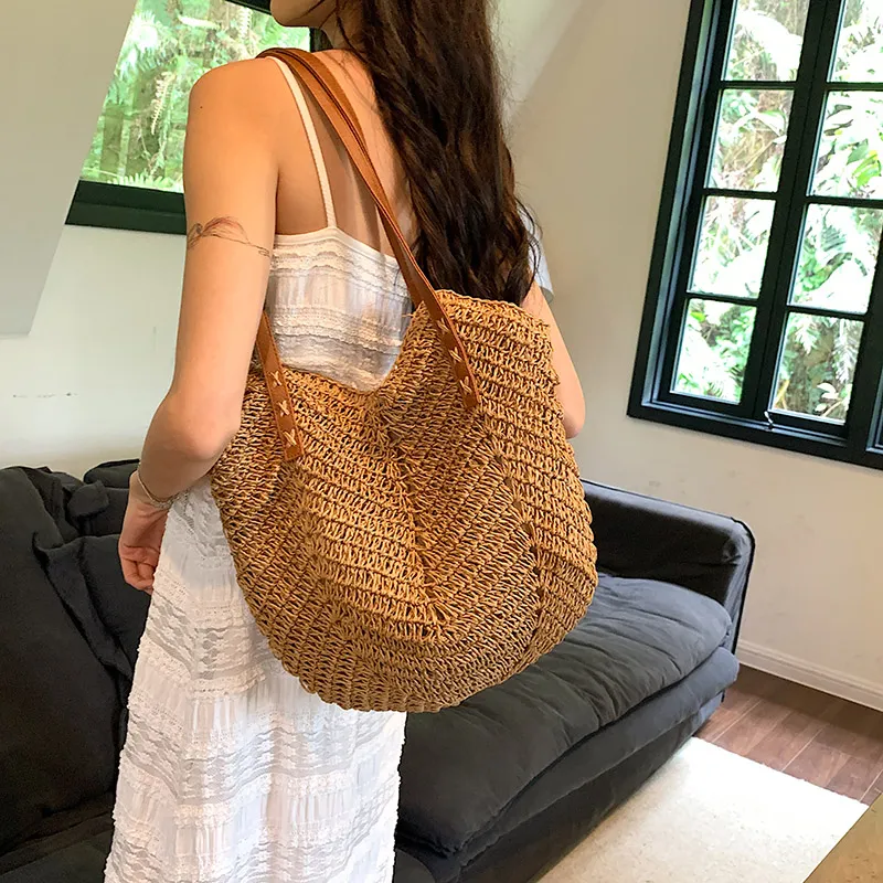 CORE BIRD Straw Woven Shoulder Bag Women's Khaki/Beige-6