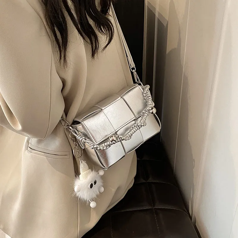 CORE BIRD PU Shoulder Bag Small Size Women's Light Gray/Silver-4
