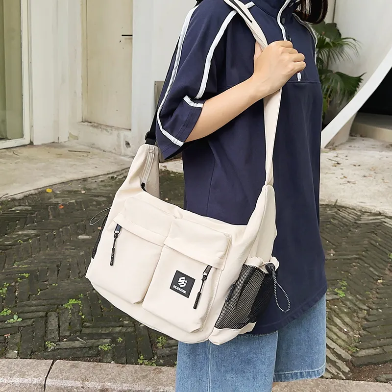 CORE BIRD Nylon Messenger Bag, Shoulder Bag, Crossbody Bag Unisex Ecru/Green/Black-1