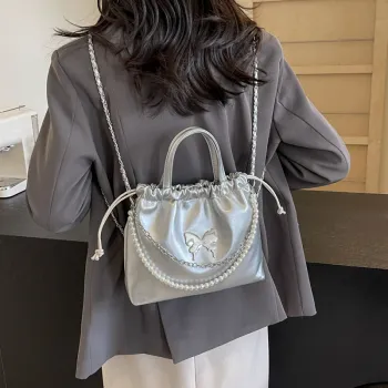 CORE BIRD PU Shoulder Bag Regular Women's Black/Ecru/Silver