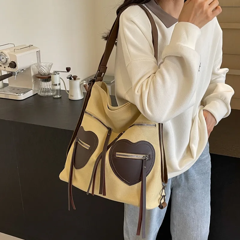 CORE BIRD Fabric Shoulder Bag Women's Ecru/Black/Khaki-13