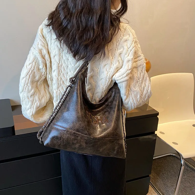 CORE BIRD PU Shoulder Bag Medium Size Women's Black/Coffee-4