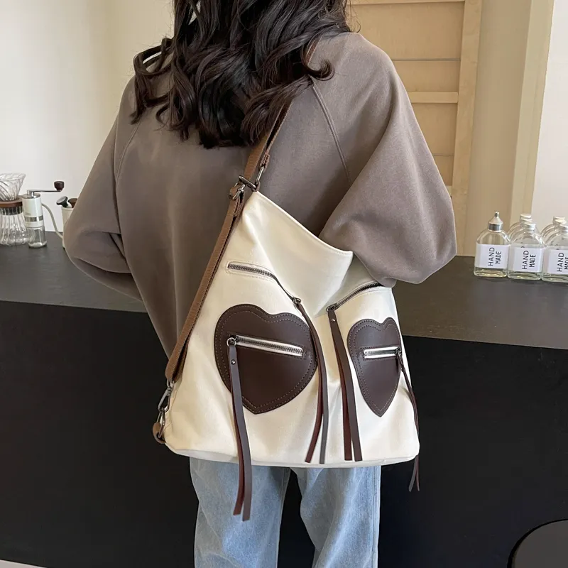 CORE BIRD Fabric Shoulder Bag Women's Ecru/Black/Khaki-2