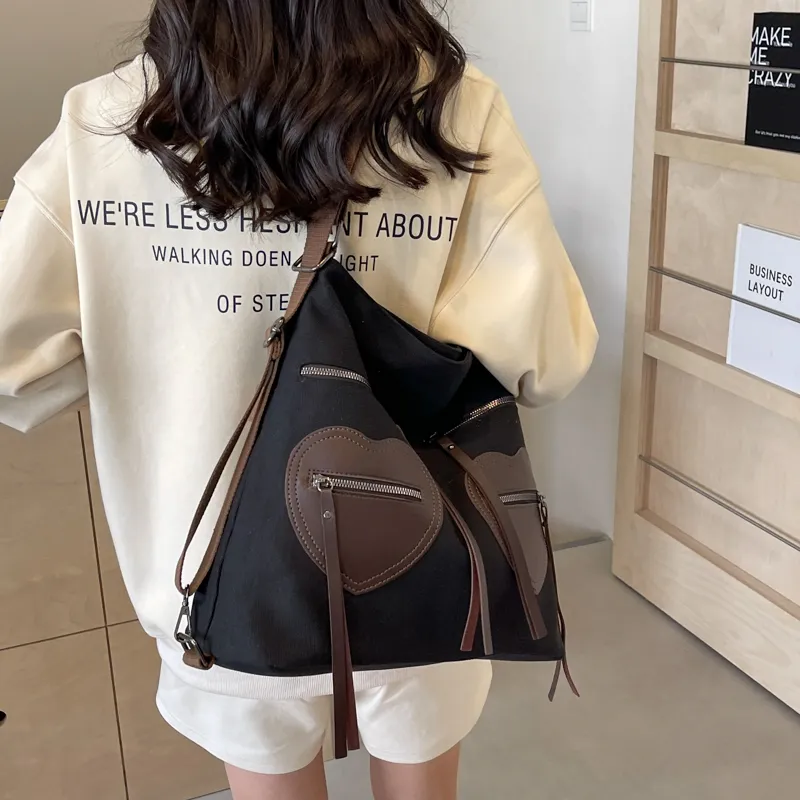 CORE BIRD Fabric Shoulder Bag Women's Ecru/Black/Khaki-8