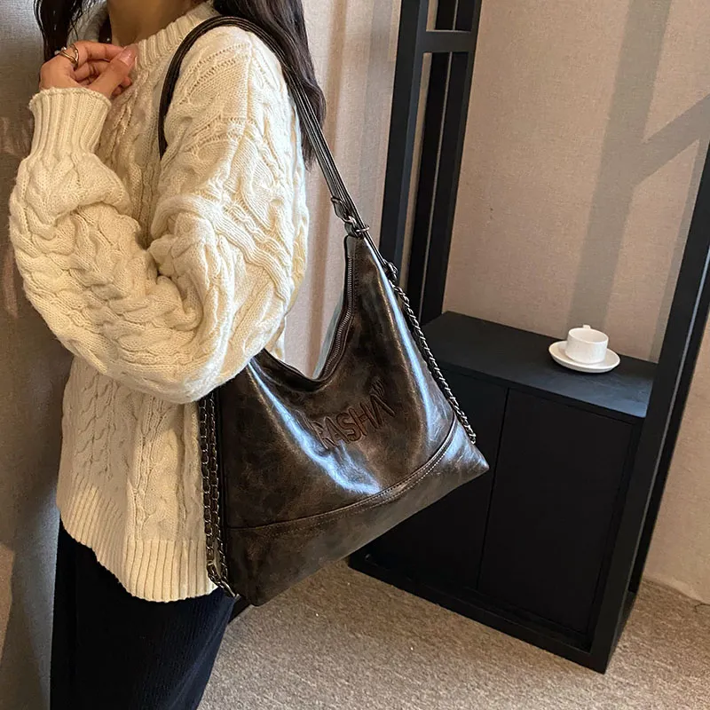 CORE BIRD PU Shoulder Bag Medium Size Women's Black/Coffee-1