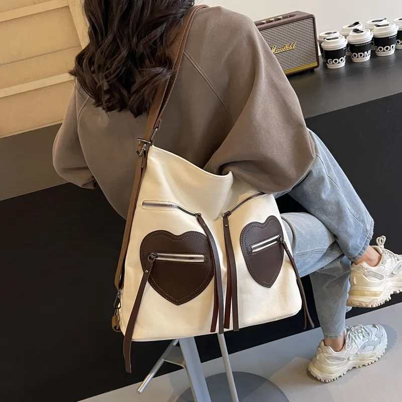 CORE BIRD Fabric Shoulder Bag Women's Ecru/Black/Khaki-5